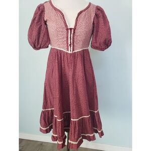 VTG Gunne Sax Jessica Girls Dress Lace Up Ribbon Neck Pink Floral Pocket Prairie